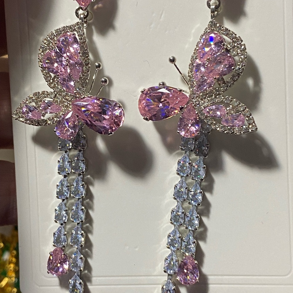 Pink and Silver Butterfly Dangle Earrings